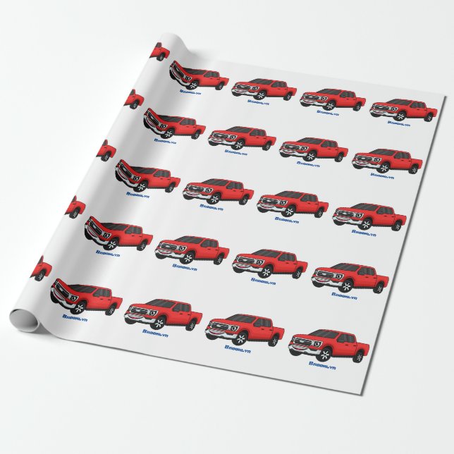 Cute red pickup truck cartoon illustration wrapping paper (Unrolled)