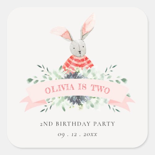 Cute Red Pink Bunny Foliage Any Age Birthday Square Sticker