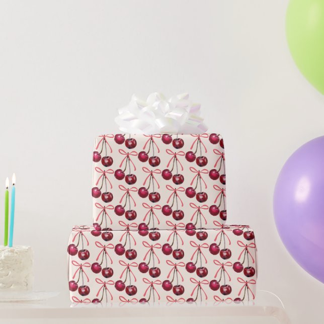 Cute Red Pink Cherries Bow Pattern Wrapping Paper (Party Gifts)