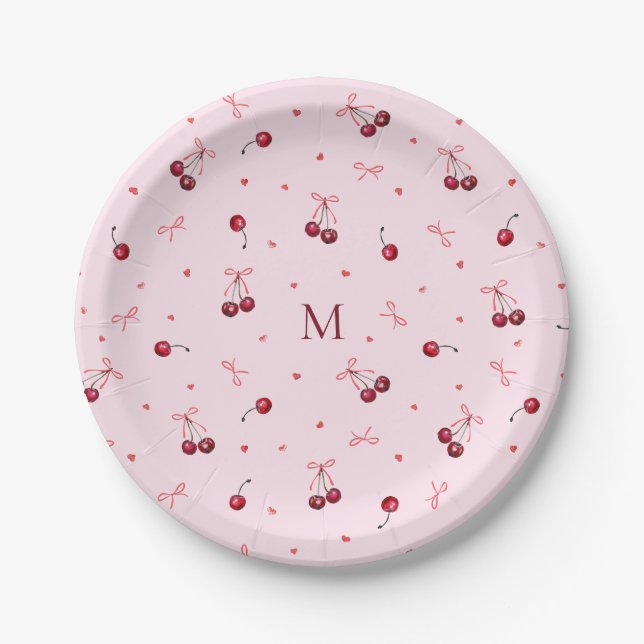 Cute Red Pink Cherries Hearts Bows with Monogram Paper Plates (Front)