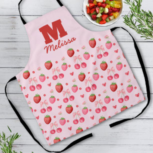 Cute Red Pink Coquette Berry Pattern Monogram Apron