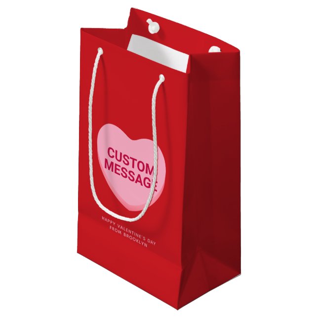 Cute red pink custom message conversation heart small gift bag (Front Angled)