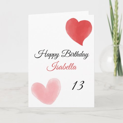 Cute Red  Pink Double Paint Hearts 13th Birthday Card