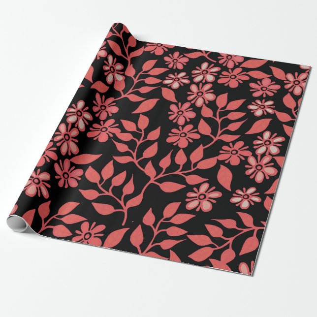 Cute Red & Pink Flowers on Black Background Gift Wrapping Paper (Unrolled)