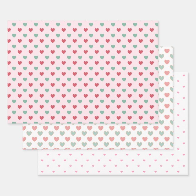 Cute Red Pink & Green Hearts Wrapping Paper Sheets (Set)
