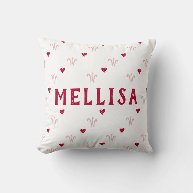 Cute Red Pink Heart Pattern Name Throw Pillow (Front)