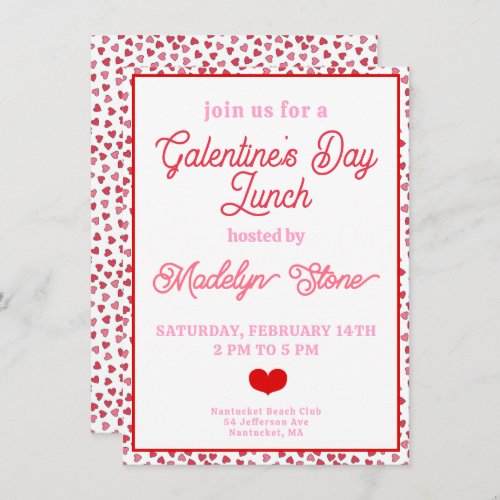 Cute Red  Pink Hearts Galentines Day Lunch Invitation