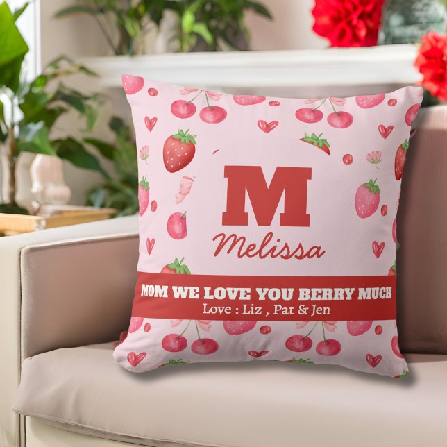 Cute Red Pink Love You Berry Much Mother's Day Throw Pillow (Creator Uploaded)