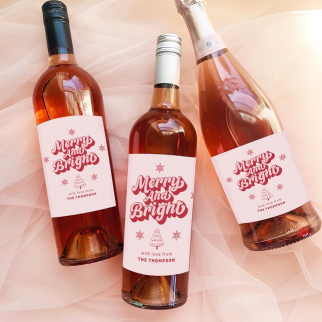 Cute Red Pink Merry Bright Christmas Sparkling Wine Label (Creator Uploaded)