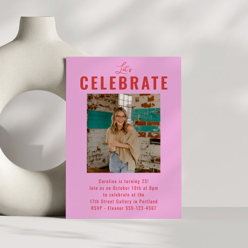 Cute Red Pink Modern Photo 25th Birthday Party Invitation
