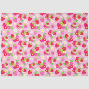 Cute Red & Pink Strawberries & Flowers on Pink Tissue Paper