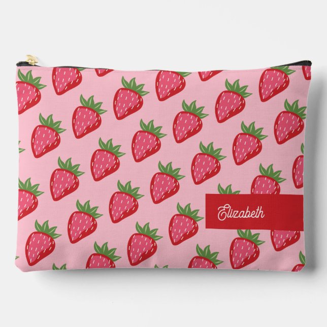 Cute Red Pink Strawberry Themed Personalized Accessory Pouch (Front)