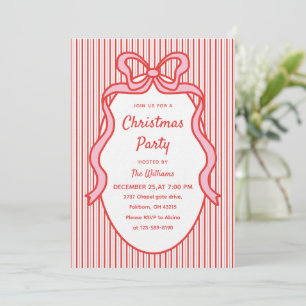 Cute Red Pink Stripes & Bow Frame Christmas Invitation