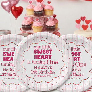 Cute Red Pink Sweetheart Turning One Birthday Paper Plates