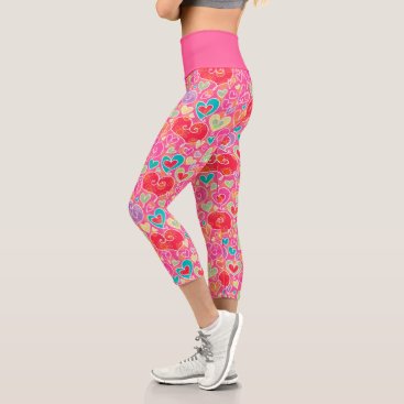 Cute Red Pink Turquoise Whimsical Hearts Pattern Capri Leggings Cute Red Pink Turquoise Whimsical Hearts Pattern Capri Leggings