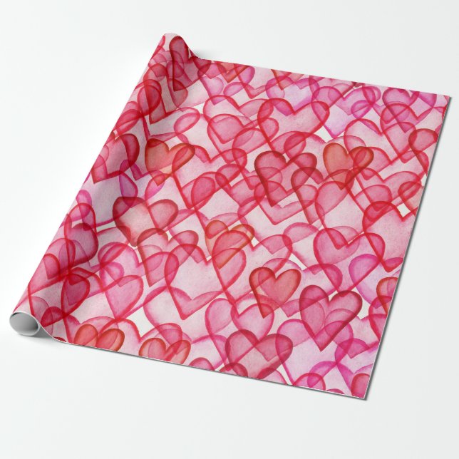 Cute red pink watercolor hearts wrapping paper (Unrolled)