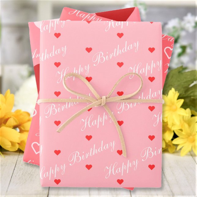 Cute Red Pink White Hearts Custom Script Text Wrapping Paper Sheets (Creator Uploaded)