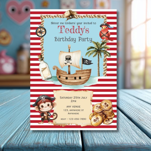 Cute Red Pirate child's Birthday Invitation (Creator Uploaded)