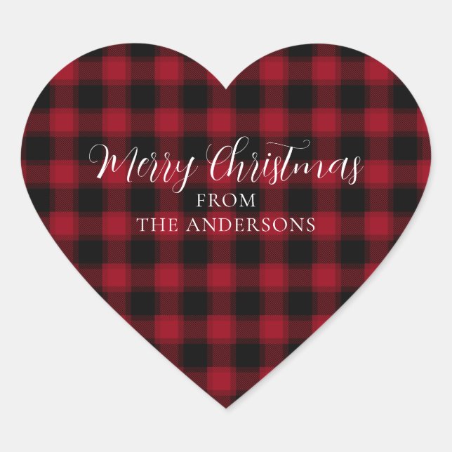 Cute Red Plaid Checkered Pattern Merry Christmas Heart Sticker (Front)