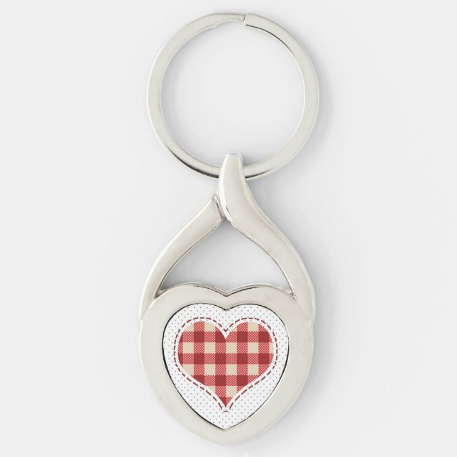 Cute Red Plaid Heart and Dots Keychain (Front)