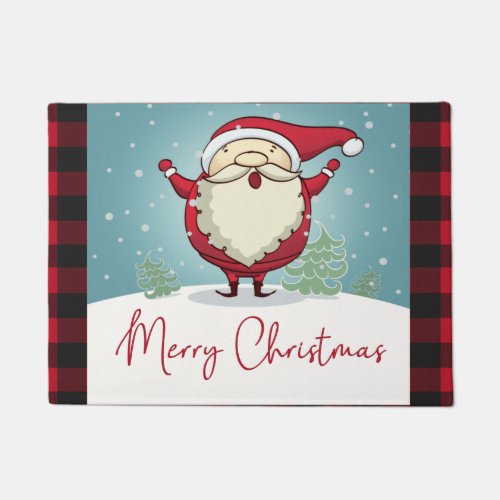 Cute Red Plaid Merry Christmas Santa Claus Holiday Doormat