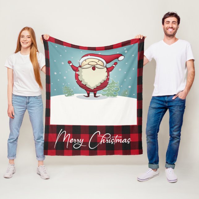 Cute Red Plaid Merry Christmas Santa Claus Holiday Fleece Blanket (In Situ)