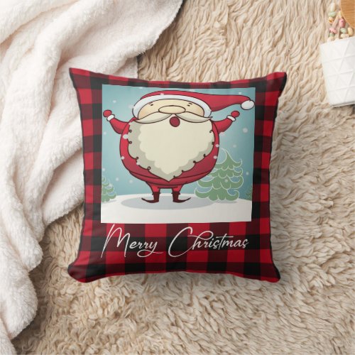 Cute Red Plaid Merry Christmas Santa Claus Holiday Throw Pillow