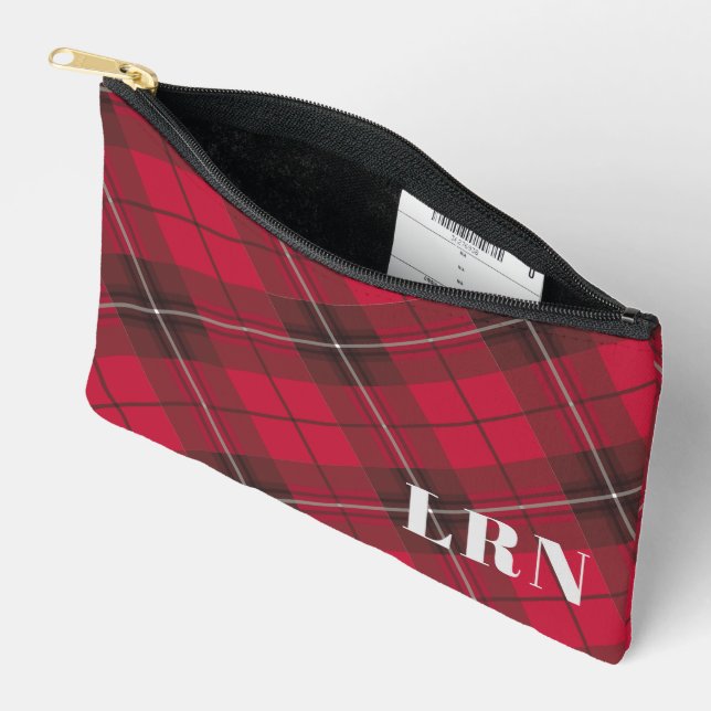 Cute Red Plaid Monogram or Initials Accessory Pouch (Open)
