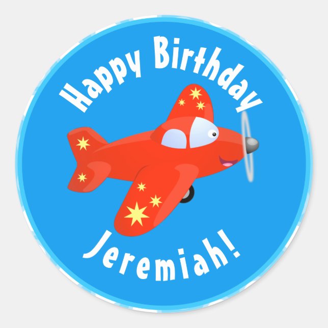Cute red plane flying cartoon illustration classic round sticker (Front)