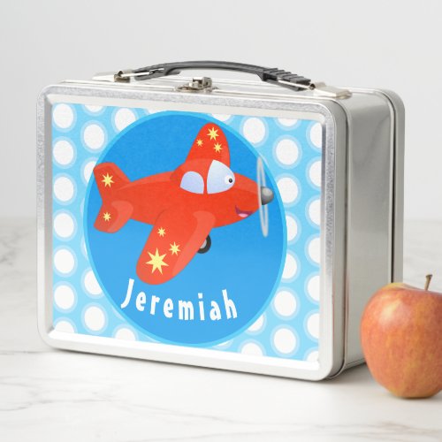 Cute red plane flying cartoon illustration metal lunch box