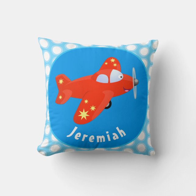 Cute red plane flying cartoon illustration throw pillow (Front)