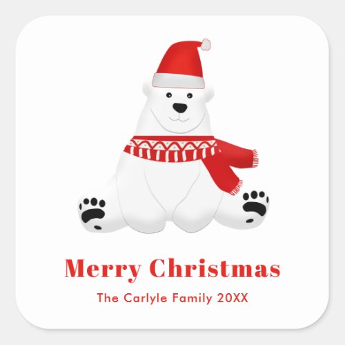 Cute Red Polar Bear Holiday Christmas Square Sticker