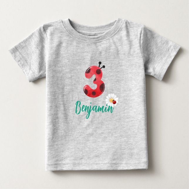 Cute red Polka dot Ladybug 3rd Birthday party name Baby T-Shirt (Front)