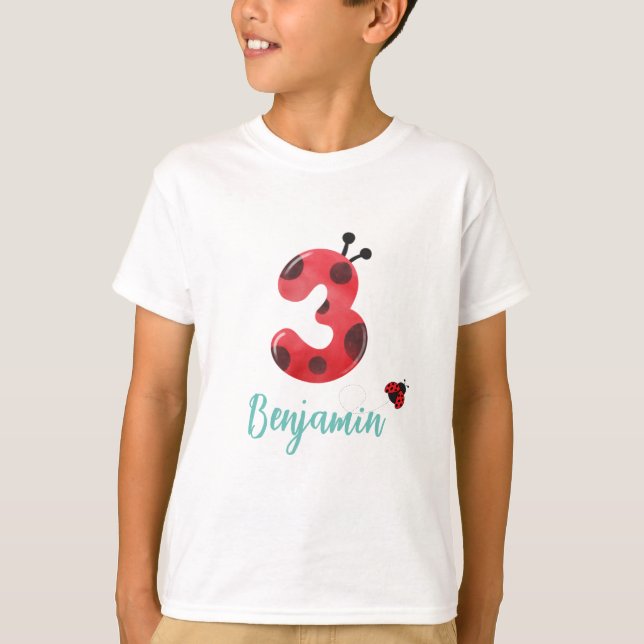 Cute red Polka dot Ladybug 3rd Birthday party name T-Shirt (Front)