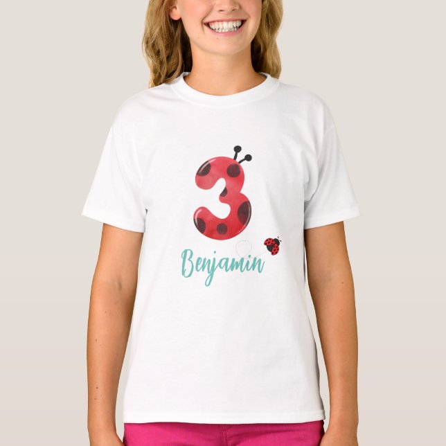 Cute red Polka dot Ladybug 3rd Birthday party name T-Shirt (Front)