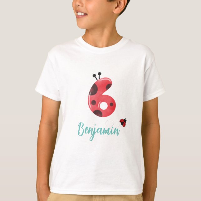 Cute red Polka dot Ladybug 6th Birthday party name T-Shirt (Front)