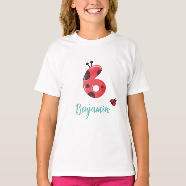 Cute red Polka dot Ladybug 6th Birthday party name T-Shirt (Front)