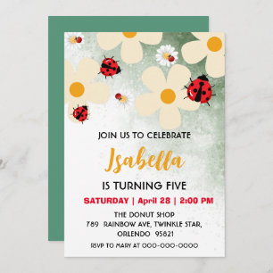 Cute red Polka dot Ladybug Daisy Flower Birthday  Invitation