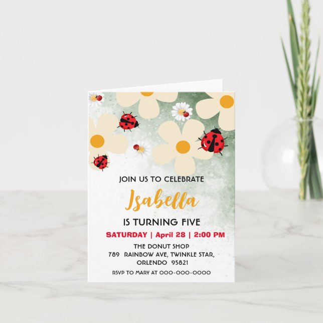 Cute red Polka dot Ladybug Daisy Flower Birthday  Invitation (Front)