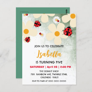 Cute red Polka dot Ladybug Daisy Flower Birthday Postcard