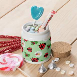 Cute red polka dot Ladybug Daisy flower summer Candy Jar