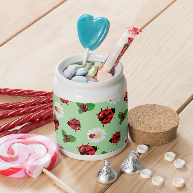 Cute red polka dot Ladybug Daisy flower summer Candy Jar (In Situ)