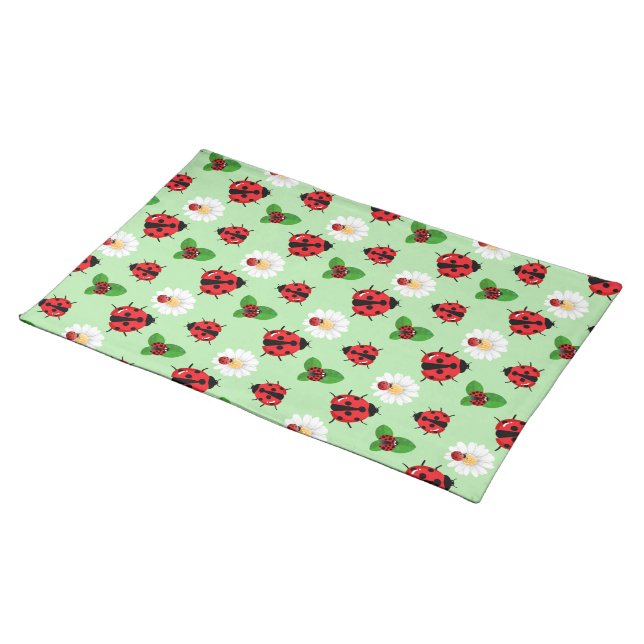 Cute red polka dot Ladybug Daisy flower summer Cloth Placemat (On Table)