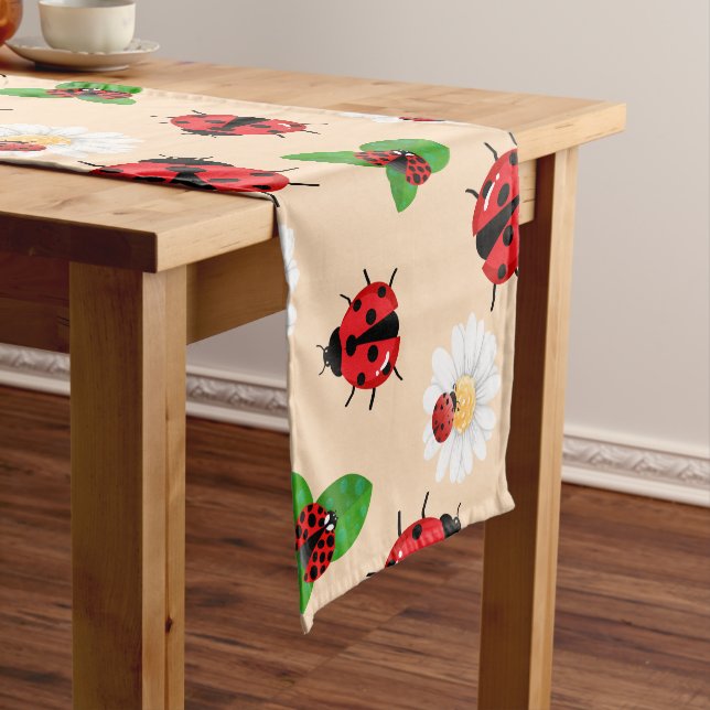Cute red polka dot Ladybug Daisy flower summer Short Table Runner (In Situ)