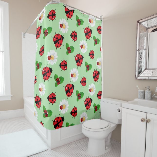 Cute red polka dot Ladybug Daisy flower summer Shower Curtain (In Situ)