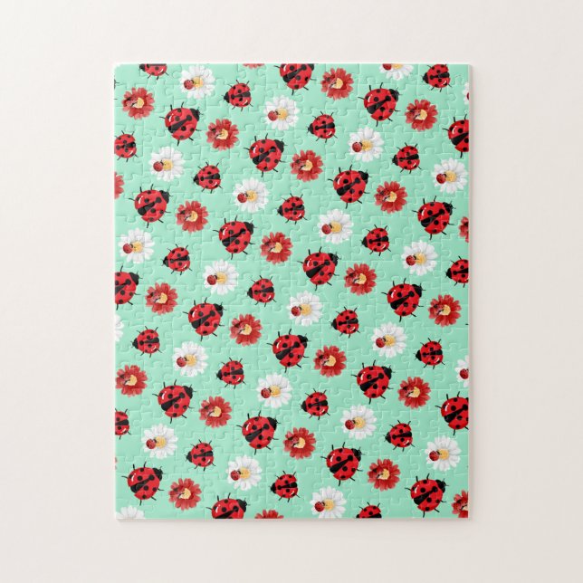 Cute red polka dot Ladybug flower summer Girly Jigsaw Puzzle (Vertical)