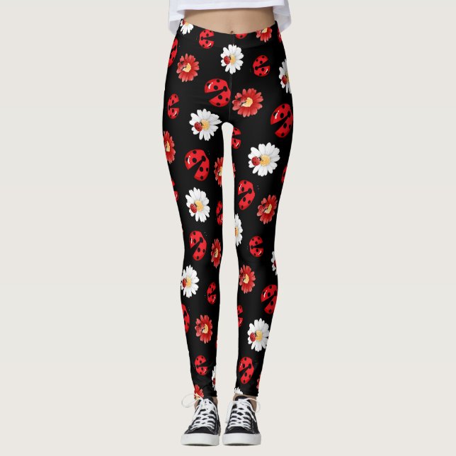 Cute red polka dot Ladybug flower summer Girly Leggings (Front)