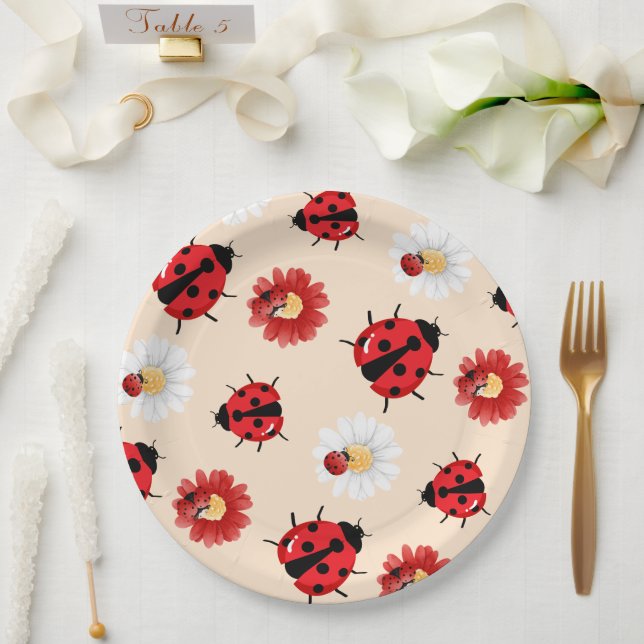 Cute red polka dot Ladybug flower summer Girly Paper Plates (Wedding)