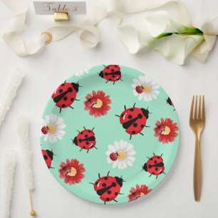 Cute red polka dot Ladybug flower summer Girly Paper Plates
