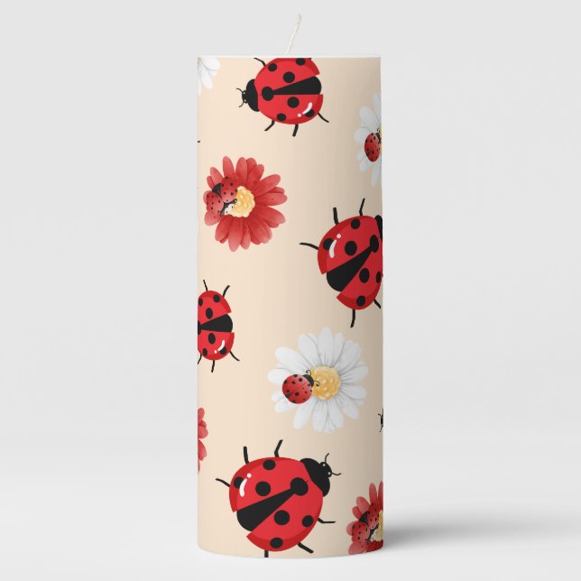 Cute red polka dot Ladybug flower summer Girly Pillar Candle (Front)